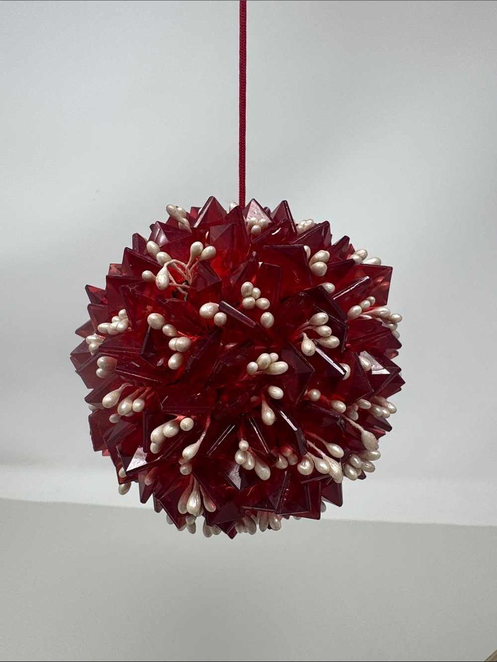 VINTAGE HANDMADE BEADED CHRISTMAS ORNAMENT RED WHITE TREE HOLIDAY